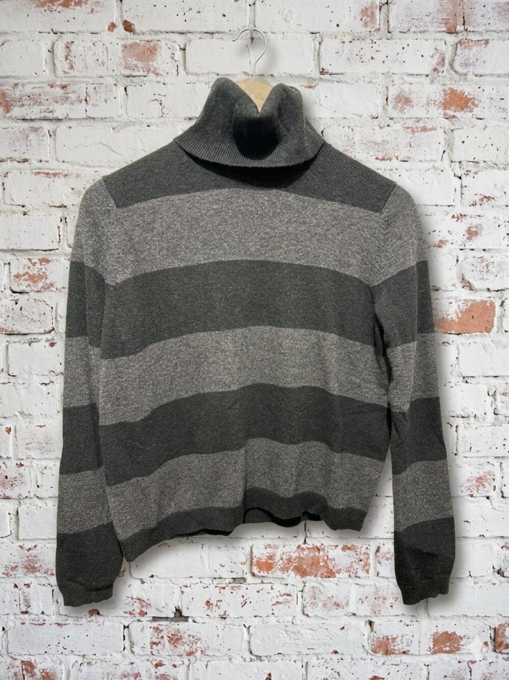Theory Wool Cashmere Dark Academy Striped Turtleneck Sweater Quiet Luxury grey